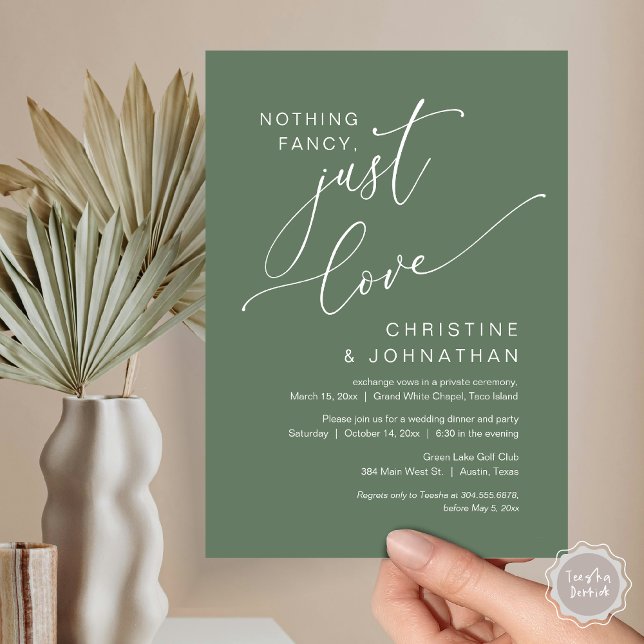 Inget Tjafs, Bara Kärlek, Bröllopsflyktmiddag Inbjudningar (Nothing Fancy Just Love, Wedding Elopement Dinner Party Invitation Card, PDF, Forest Sage Green)