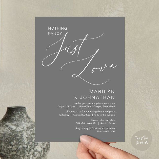 Inget Tjafs, Bara Kärlek, Bröllopsflyktmiddag Inbjudningar (Nothing Fancy, Just Love, Wedding Elopement Dinner Brunch Lunch Party Invites Card PDF, Dark Grey)