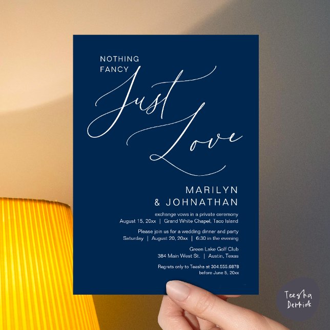 Inget Tjafs, Bara Kärlek, Bröllopsflyktmiddag Inbjudningar (Nothing Fancy, Just Love, Wedding Elopement Dinner Brunch Lunch Party Invites Card PDF, Navy Blue)