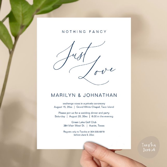 Inget Tjafs, Bara Kärlek, Bröllopsflyktmiddag Inbjudningar (Nothing Fancy, Just Love, Wedding Elopement Dinner Brunch Lunch Party Invites Card PDF, Navy Blue)