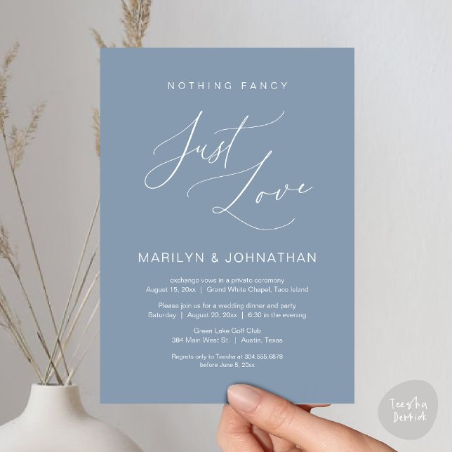 Inget Tjafs, Bara Kärlek, Bröllopsflyktmiddag Inbjudningar (Nothing Fancy, Just Love, Wedding Elopement Dinner Brunch Lunch Party Invites Card PDF, Dusty Blue)