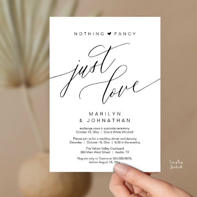 Inget Tjafs Bara Kärlek Minimalistisk Bröllopsmidd Inbjudningar (Nothing Fancy Just Love Modern Wedding Reception Dinner Invitation Card in Black and White)