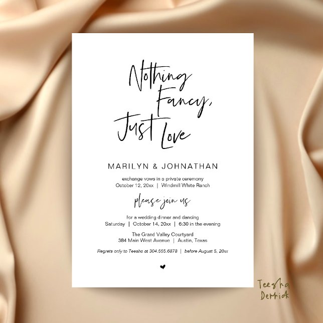 Inget Tjafs Bara Kärlek Minimalistisk Bröllopsmidd Inbjudningar (Nothing Fancy Just Love Minimalist Wedding Dinner Invitation Card in Black and White)