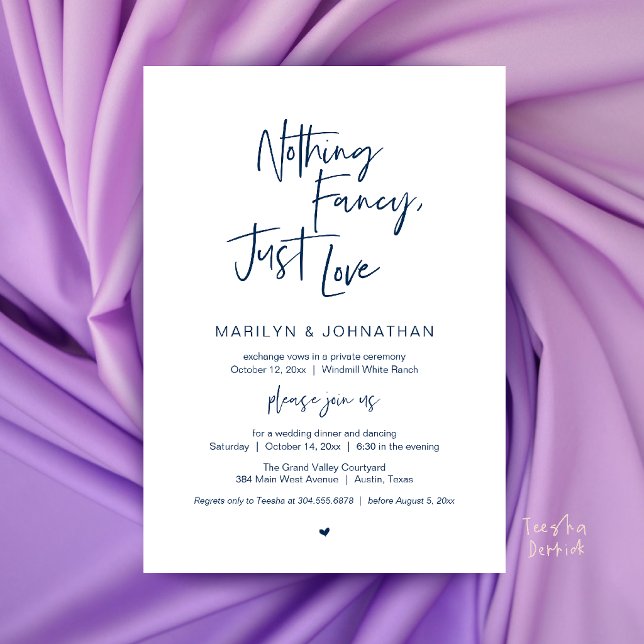 Inget Tjafs Bara Kärlek Minimalistisk Bröllopsmidd Inbjudningar (Nothing Fancy Just Love Minimalist Wedding Dinner Invitation Card in navy blue)