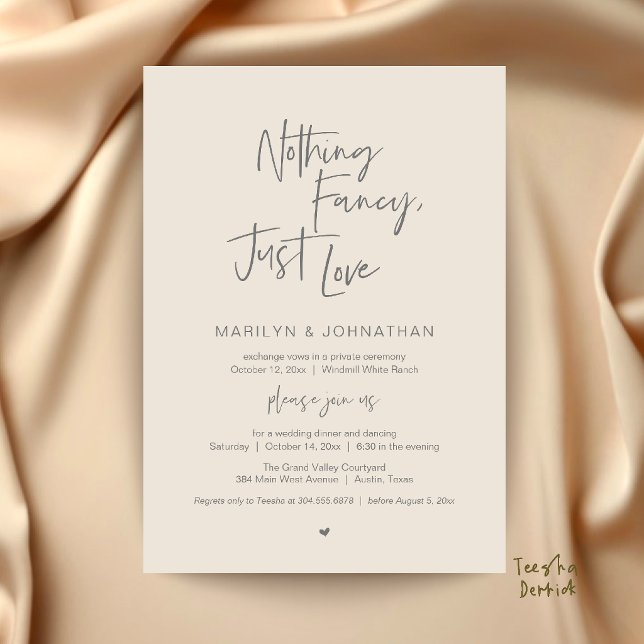 Inget Tjafs Bara Kärlek Minimalistisk Bröllopsmidd Inbjudningar (Nothing Fancy Just Love Minimalist Wedding Dinner Invitation Card in Cream and Dark Grey)