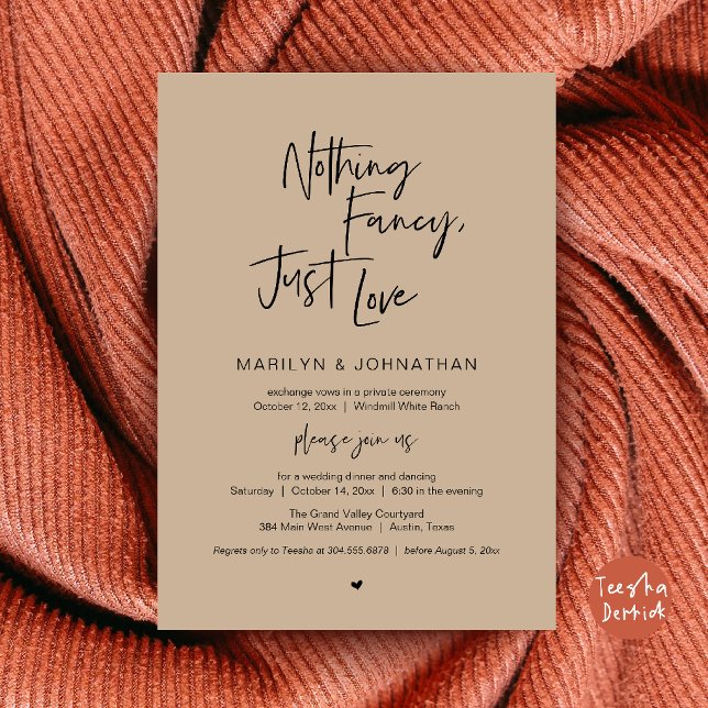 Inget Tjafs Bara Kärlek Minimalistisk Bröllopsmidd Inbjudningar (Nothing Fancy Just Love Minimalist Wedding Dinner Invitation Card in Brown Tan)