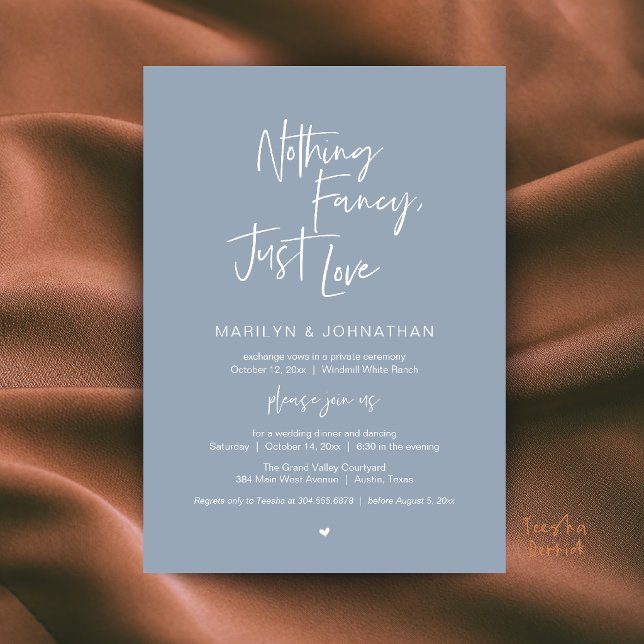 Inget Tjafs Bara Kärlek Minimalistisk Bröllopsmidd Inbjudningar (Nothing Fancy Just Love Minimalist Wedding Dinner Invitation Card in Dusty Blue)