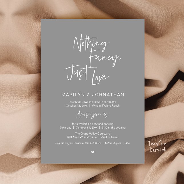 Inget Tjafs Bara Kärlek Minimalistisk Bröllopsmidd Inbjudningar (Nothing Fancy Just Love Minimalist Wedding Dinner Invitation Card in Chill Grey )