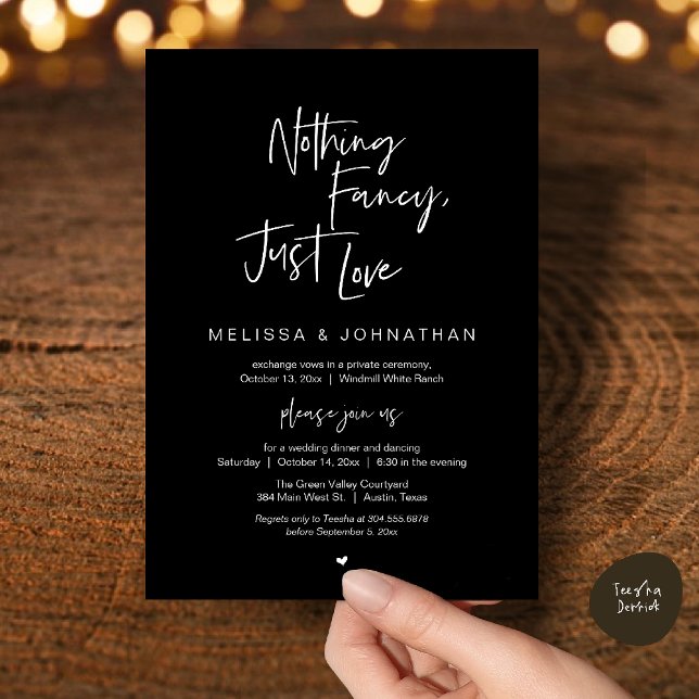 Inget Tjafs Bara Kärlek, Modern Bröllopsfest Inbjudningar (Nothing Fancy Just Love, Modern Wedding Reception Dinner Lunch Brunch Invites Card Classy Black)