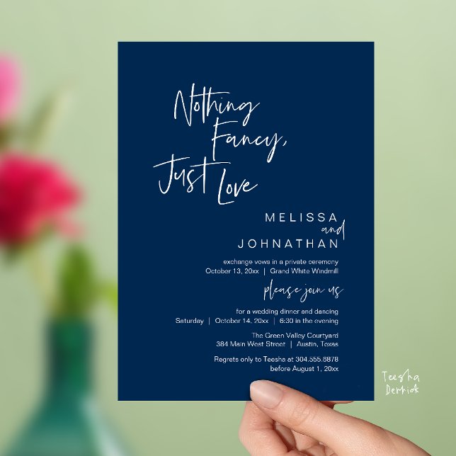 Inget Tjafs Bara Kärlek, Modern Bröllopsmiddag  Inbjudningar (Nothing Fancy Just Love, Modern Wedding Dinner Invitation Card in Navy Blue)