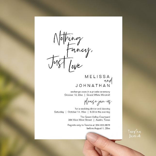 Inget Tjafs Bara Kärlek, Modern Bröllopsmiddag  Inbjudningar (Nothing Fancy Just Love, Modern Wedding Dinner Invitation Card in Black and White)