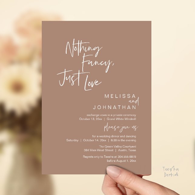 Inget Tjafs Bara Kärlek, Modern Bröllopsmiddag  Inbjudningar (Nothing Fancy Just Love, Modern Wedding Dinner Invitation Card in Warm Taupe Brown)