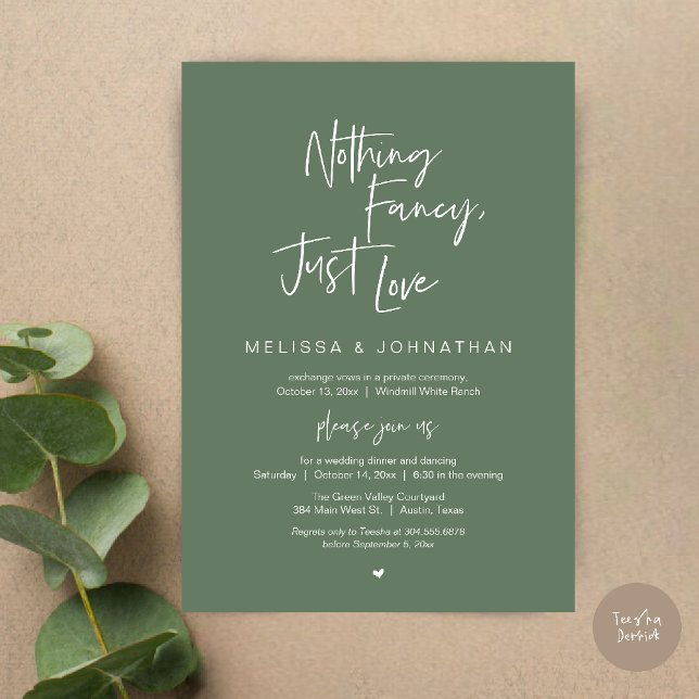 Inget Tjafs Bara Kärlek, Modern Bröllopsmiddag Inbjudningar (Nothing Fancy Just Love, Modern Wedding Reception Dinner Lunch Brunch Invites Card in Sage Green)
