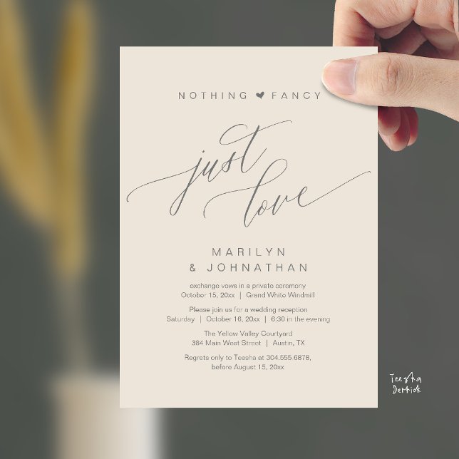 Inget Tjafs Bara Kärlek Modern Bröllopsmottagning Inbjudningar (Nothing Fancy Just Love Modern Wedding Reception Dinner Invitation Card in Cream Grey)