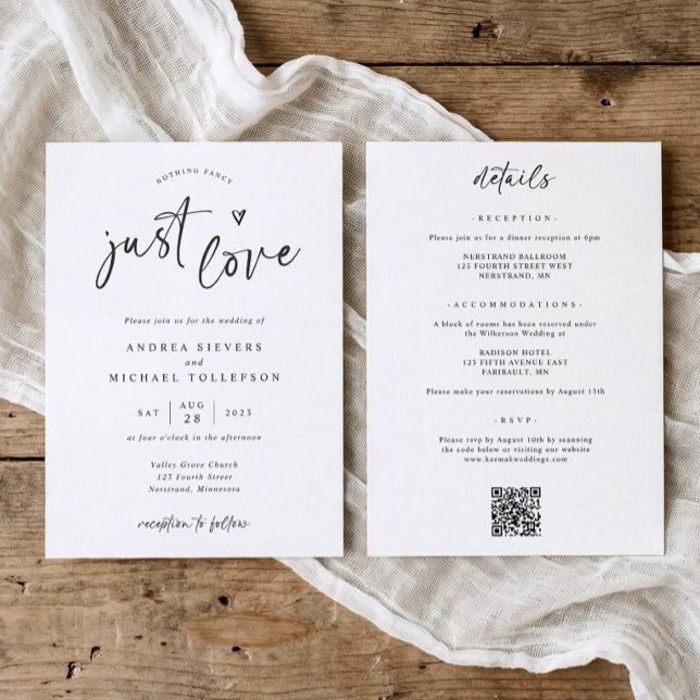 Inget Tjafs Bara Kärlek Modern Handskriven Bröllop Inbjudningar (Minimalist black and white wedding invitation with “nothing fancy, just love” handwriting)