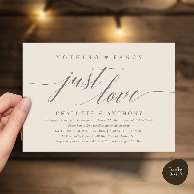 Inget Tjafs, Bara Kärlek, Modern Klassisk Mottagni Inbjudningar (Modern Classy Nothing Fancy, Just Love, Wedding Reception Dinner Invitation Card in Cream and Grey)