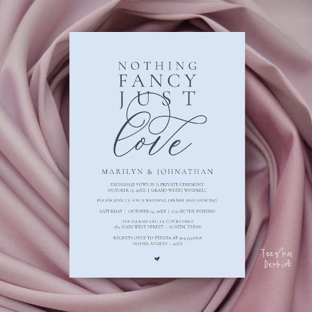 Inget Tjafs Bara Kärlek, Modern Mottagning Middag  Inbjudningar (Nothing Fancy Just Love, Modern Reception Dinner Invitation Card in Dusty Blue Romance)