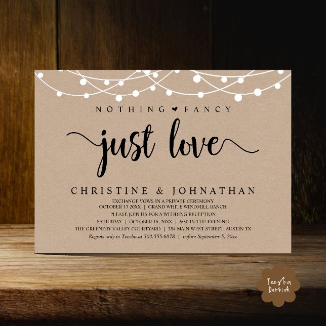 Inget Tjafs Bara Kärlek, Rustik Bröllopsmottagning Inbjudningar (Nothing Fancy Just Love, Rustic String Lights Wedding Reception Invitation card in brown kraft)
