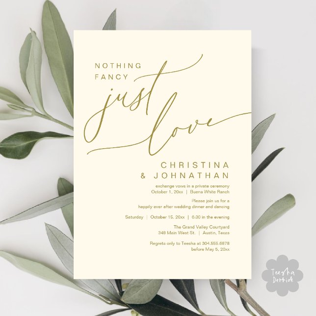 Inget Tjälligt Bara Kärlek Bröllops Middag Fest Inbjudningar (Nothing Fancy Just Love Modern Romantic Wedding Dinner Lunch Brunch Party Invites Card Yellow Gold)