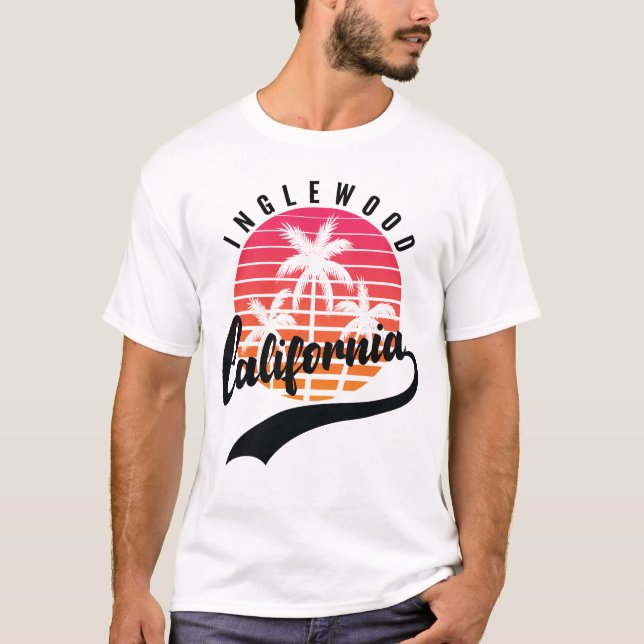 Inglewood, California Retro Sunset Herr T-Shirt (Framsida)