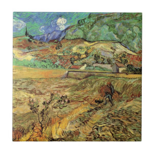Inhägnat sädesfält med bonde av Vincent van Gogh Kakelplatta