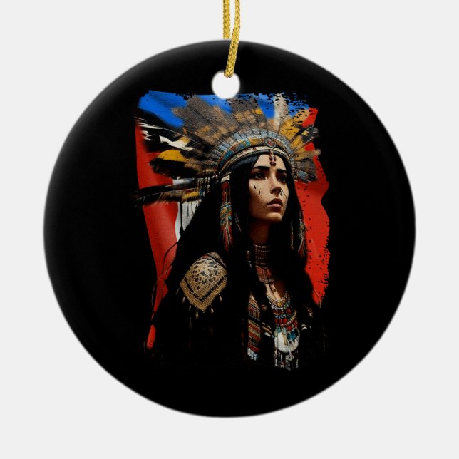 Inhemska Taino Woman Puerto Rican Flagga Västindie Julgransprydnad Keramik (Framsidan)