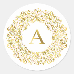 Initial A gyllene Damask Klassiskt Mönster Runt Klistermärke