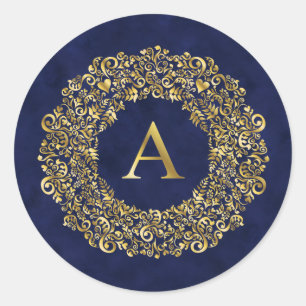 Initial A gyllene Damask Klassiskt Mönster Runt Klistermärke