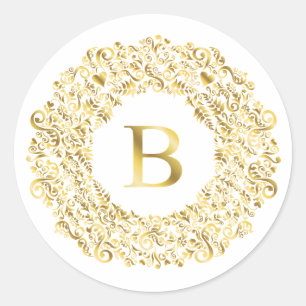 Initial B gyllene Damask Klassiskt Mönster Runt Klistermärke