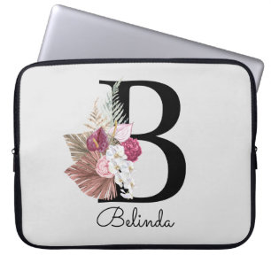 Initial B Modern Rosa Boho Girly Blommigt Laptop Fodral