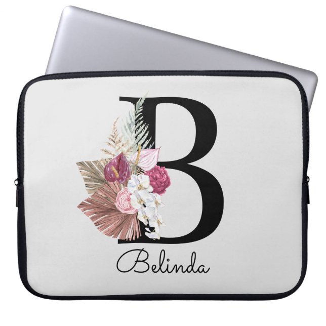 Initial B Modern Rosa Boho Girly Blommigt Laptop Fodral (Framsidan)
