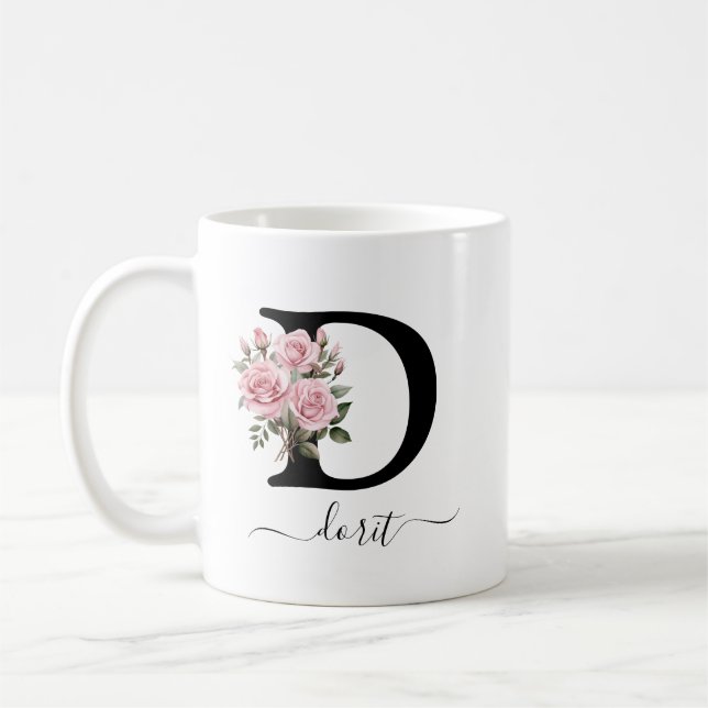 Initial D Rosa Rosor Blommor Monogram Namn Kaffemugg (Vänster)