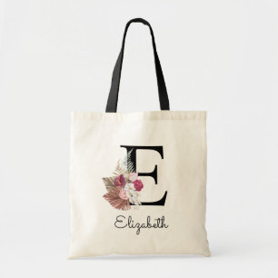 Initial E Modern Rosa Boho Flickig Blommig Tygkasse