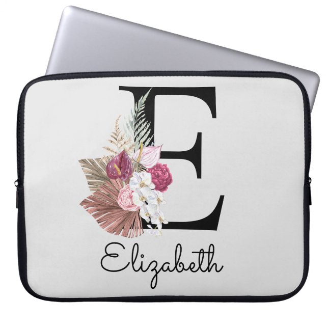 Initial E Modern Rosa Boho Girlaktig Blommig Laptop Fodral (Framsidan)