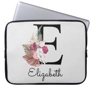 Initial E Modern Rosa Boho Girly Blommigt Laptop Fodral