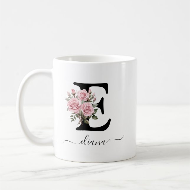 Initial E Rosa Rosor Blommor Monogram Namn Kaffemugg (Vänster)