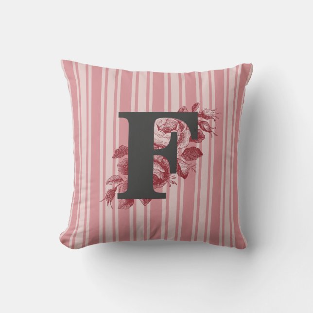Initial F Monogram Kålrosor och Ränder Kudde (Framsida)