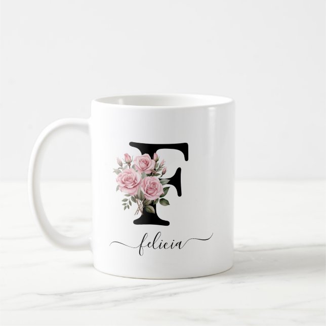Initial F Rosa Rosa Blommor Blommig Monogram Namn Kaffemugg (Vänster)