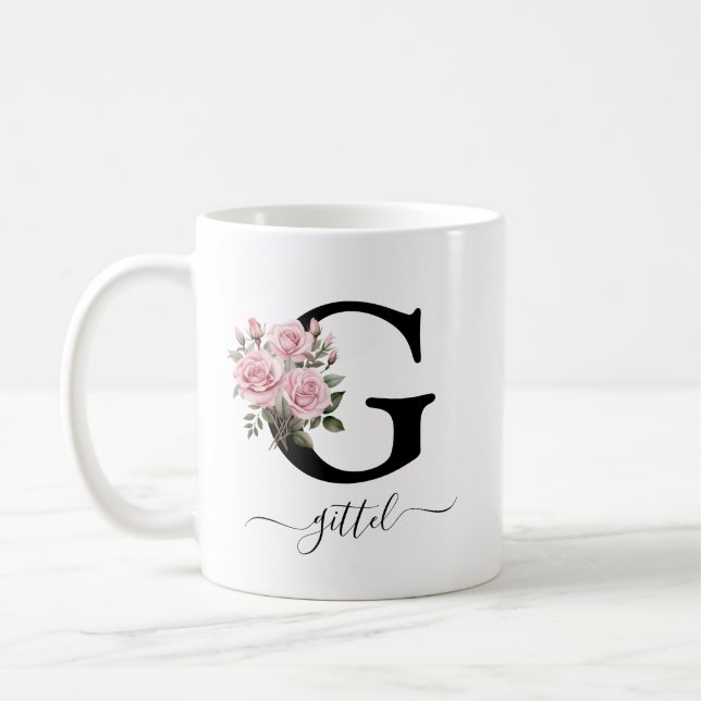 Initial G Monogram Blommig Rosa Rosor Mugg (Vänster)