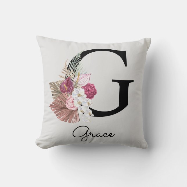 Initial G Monogramm Pink Boho Blommig Kudde (Framsida)