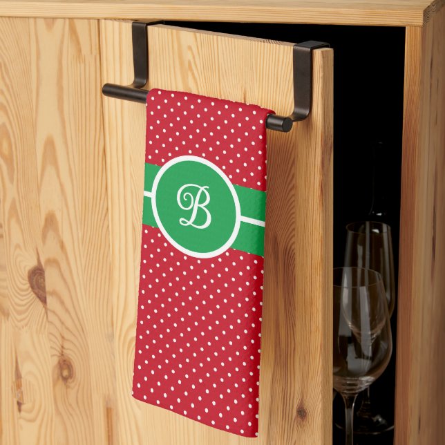 Initial, Green Red White Swiss Dot Kitchen Towel Kökshandduk (Thirds Fold)