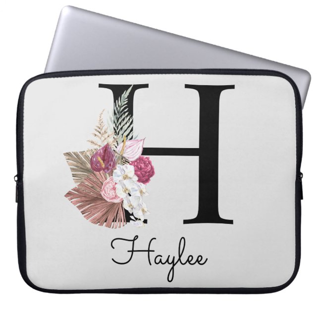 Initial H Monogrammerad Rosa Boho Blommig Laptop Fodral (Framsidan)