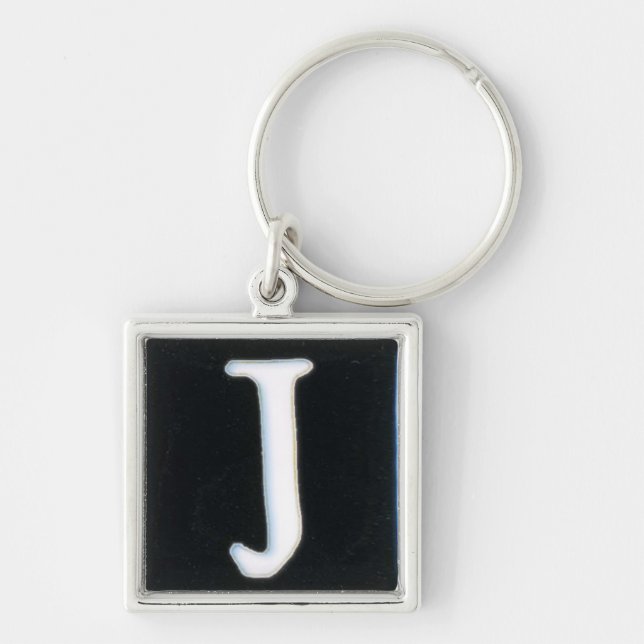 initial j-keychain, cloisonnevit och svart fyrkantig silverfärgad nyckelring (Framsidan)