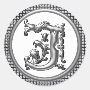 Initial J Round Sticker i Silver Runt Klistermärke