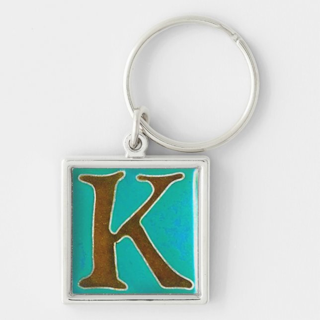 initial K-keychain, cloisonneturkos och brunt Fyrkantig Silverfärgad Nyckelring (Framsidan)