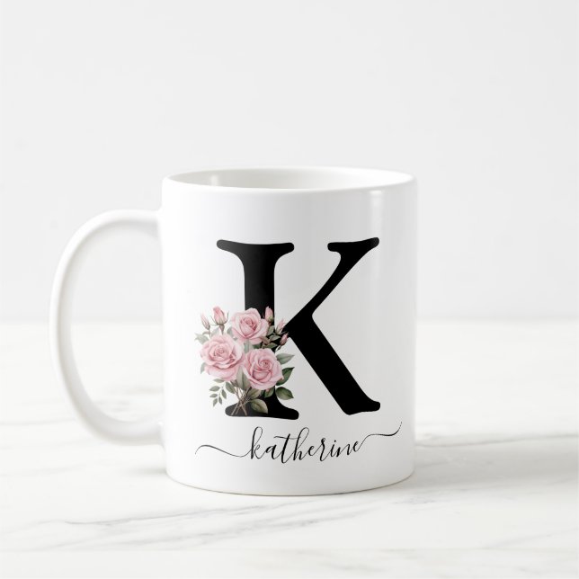 Initial K Monogram Blommig Rosa Rosor Mugg (Vänster)