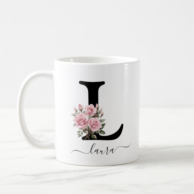 Initial L Monogram Blommig Rosa Rosor Mugg (Vänster)