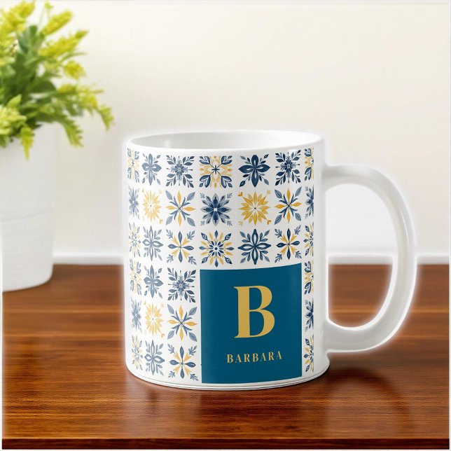 Initial Mediterranean Floral Tile-Style Pattern  Kaffemugg (A Mediterranean Tile-Style Pattern Featuring Nine Floral and Geometric Designs in Navy Blue, Yellow,)