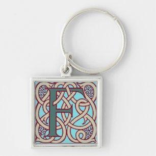 Initial monogram F för Celtic fnurrabrev Fyrkantig Silverfärgad Nyckelring