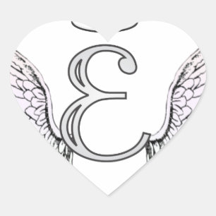 Initial Monogram för brev E med ängelvingar & Hjärtformat Klistermärke